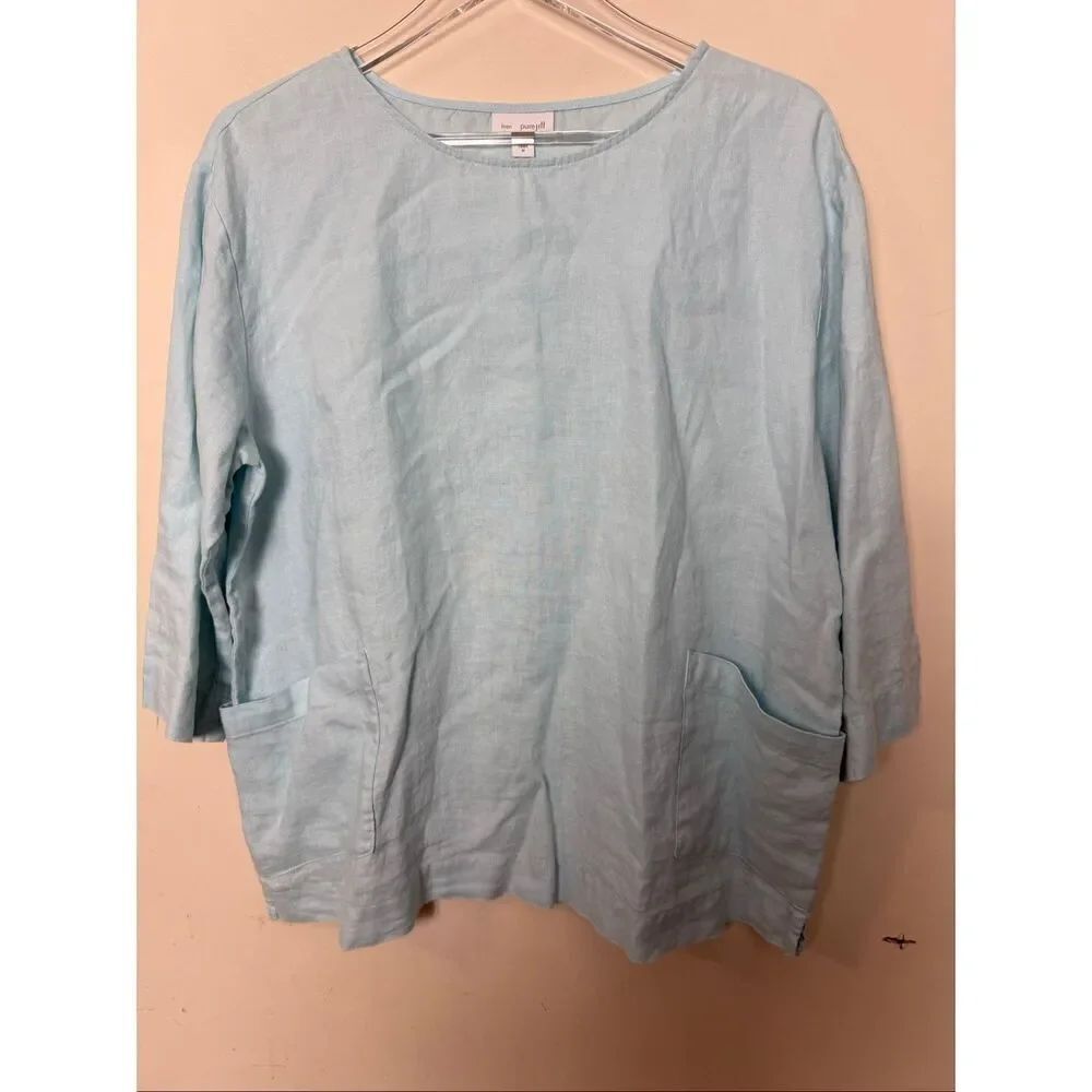 Pure Jill Light Green 100% Linen Lagenlook Top Medium 3/4 Sleeve Front Patch Poc